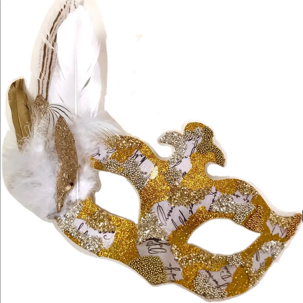 Handmade Beaded Gold White  Masquerade Mask Christmas Tree Ornament